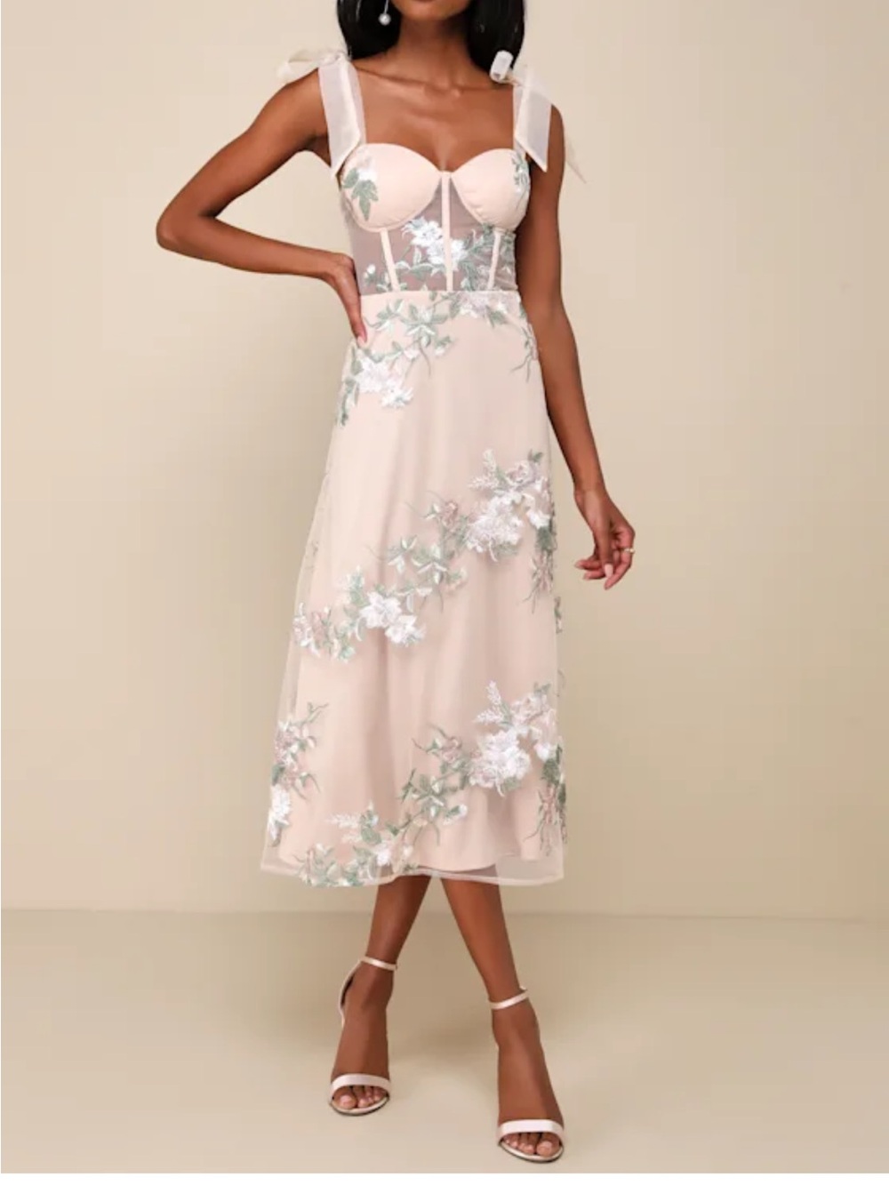 Lulus Fairytale Days Mesh Floral Embroidered bustier midi dress